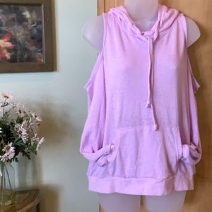 Hippy Rose Top Pink Cold Shoulder Long Sleeve Hoodie Pouch Banded Hem Medium